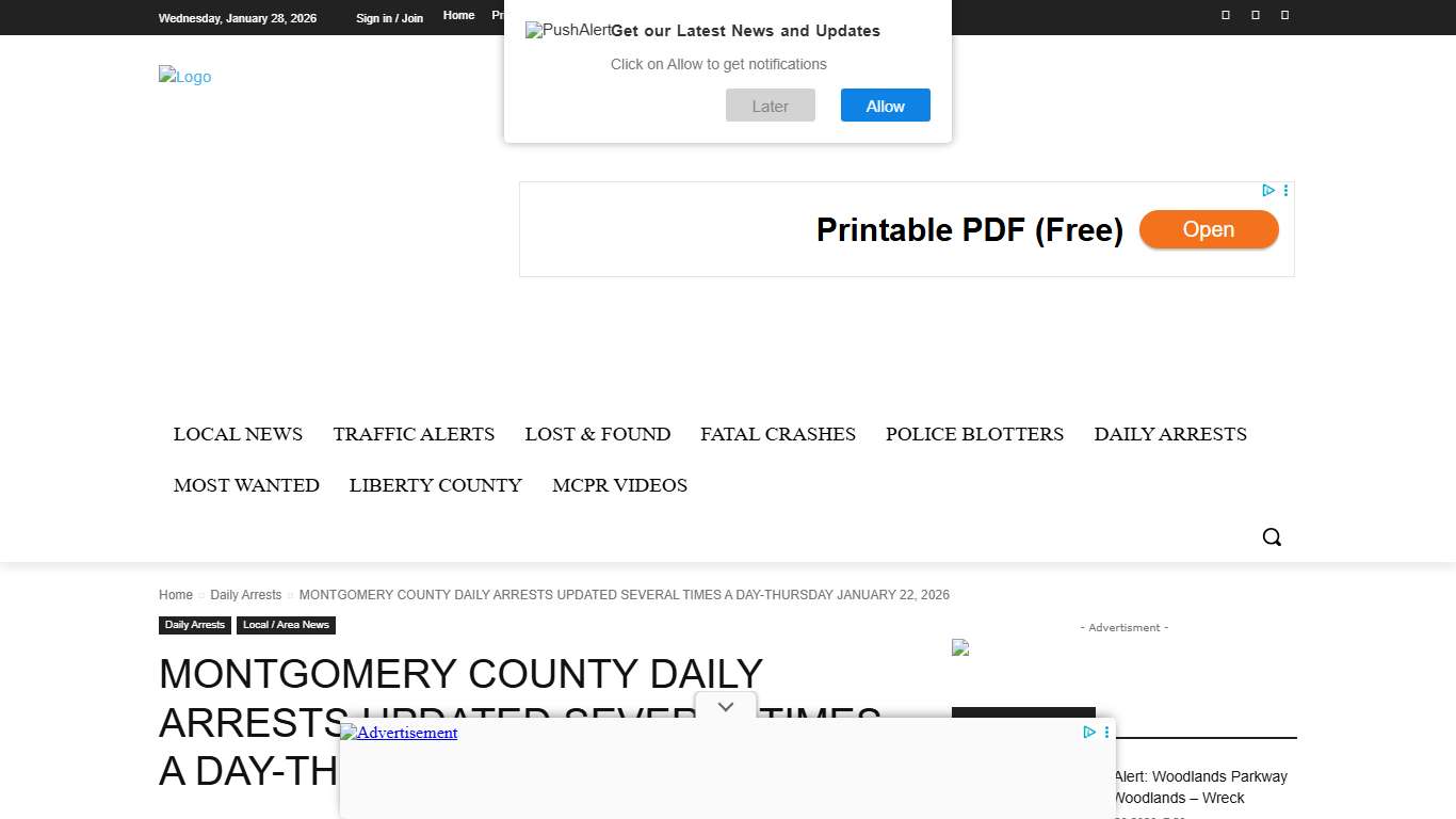 MONTGOMERY COUNTY DAILY ARRESTS UPDATED SEVERAL TIMES A DAY-THURSDAY JANUARY 22, 2026 montgomery county police reporter